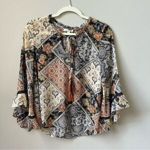 Mystree Blouse Women's Small New NWT Paisley Floral Neutral Earthy Relaxed Boho